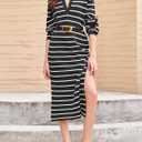 Saodimallsu Womens Striped Sweater Dress Fall Chunky Knit V Neck Collared Long Sleeve Sexy Slit Loose Midi Dresses (Black)