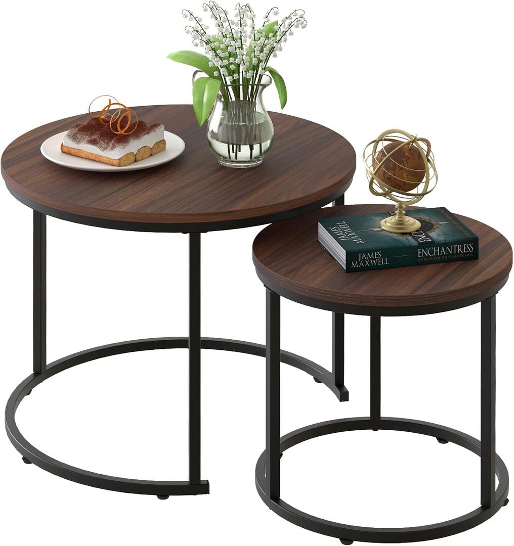 aboxoo Coffee Table Nesting Side Round Set of 2 End Table Top Sturdy Metal Frame Desk Centerpiece Living Room Bedroom Apartment Modern Industrial Simple Nightstand (Black Brown)