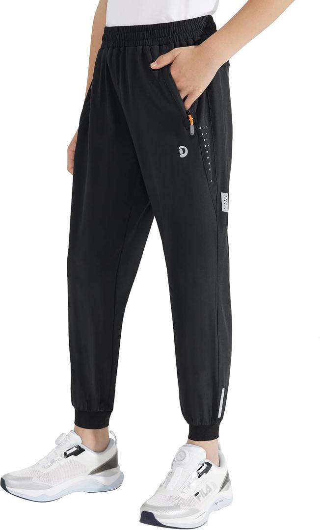 Boys Lightweight Jogger Pants Youth Kids Quick Dry Hiking Active Athletic Pants with Zipper Pockets (Black, L)