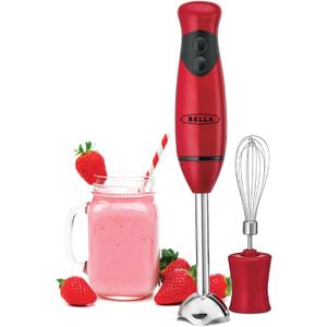 BELLA 2-Speed Hand Immersion Blender with Whisk Attachment, 250 Watt, Red, Immersion Blender with Dishwasher Safe Whisk & Blending Attachments for Food Prep (14460)