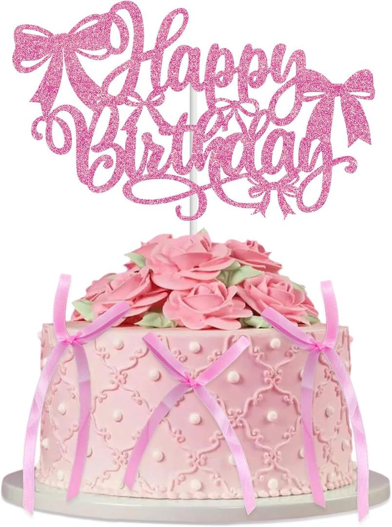 Bow Themed Happy Birthday Cake Topper Decor with 6 Pink Twist Tie Bows, 6.6 x 4 Inches Glittery Pink Bowknot Cupcake Sign Toppers Decorations for Coquette-Style Birthday Party Supplies