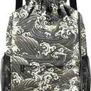 Drawstring Backpack with Mesh Pockets String Gym Bag Sackpack Sandproof Water Resistant Beach Backpack for Men Women (Black Waves)