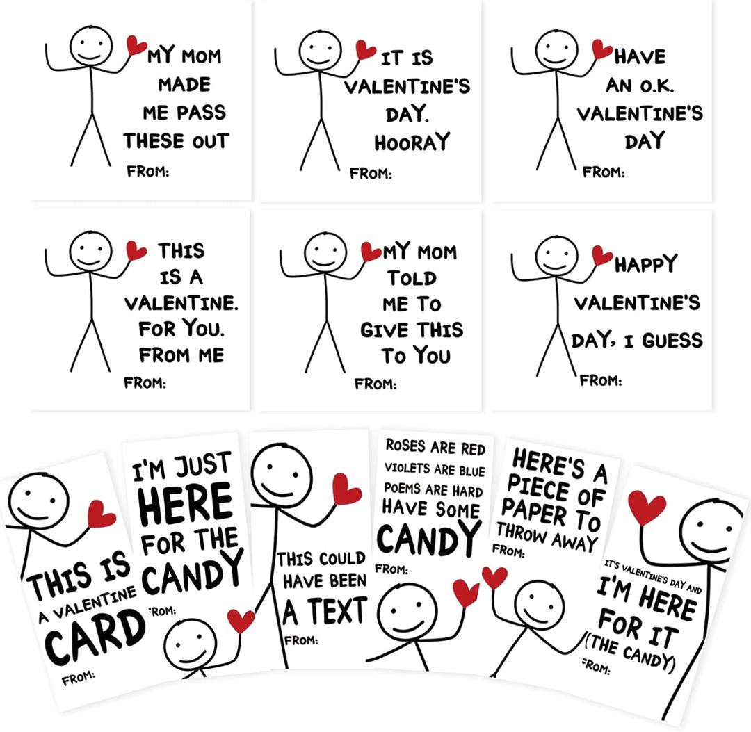 ICOOLYI Funny Kids Valentines Day Cards, Humorous Stick Figure Designs, DIY Cut-Outs with Blank Back for Messages – Perfect for School Exchanges, Parties, and Friends