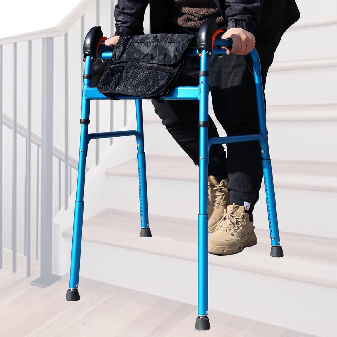Lightweight Folding Walkers for Seniors, Height Adjustable Portable Stair Climbing Walker for Adults, Walker without Wheels Support Up to 220lbs, No Assembly Required (Blue)