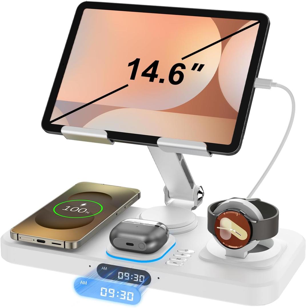 30W Wireless Charger for Samsung/Android Mag-Safe Charging Station with Clock/Light for Samsung S25/S24/S23 Ultra/Buds,for iPad/Tablet Foldable Stand, Watch Charger Only for Galaxy Watch 8/7/6/5,White