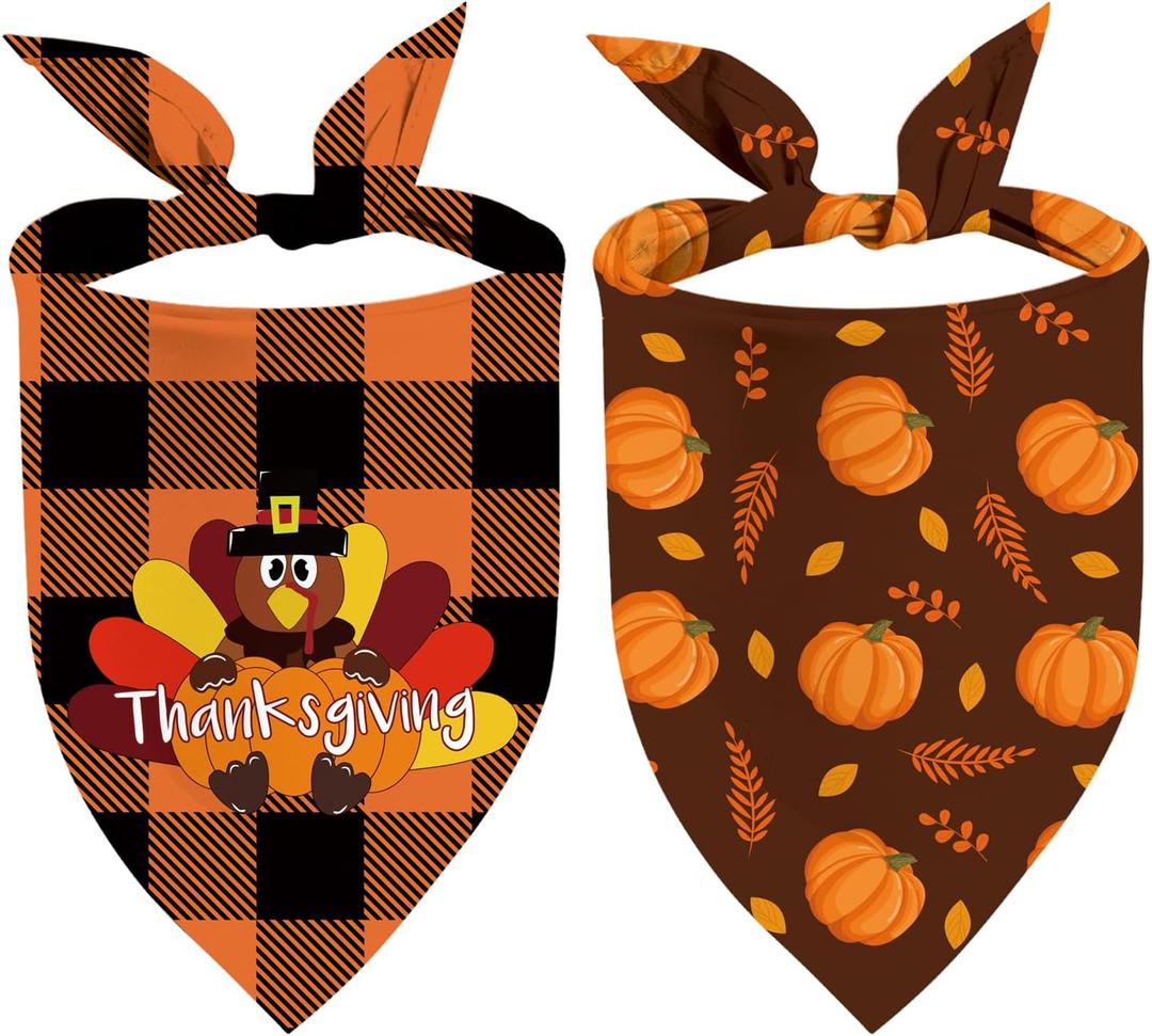 5 x Thanksgiving Dog Bandana, Pumpkin Turkey Dog Thanksgiving Scarf Buffalo Plaid Printing Adjustable Bandana for Small Medium Large Dogs