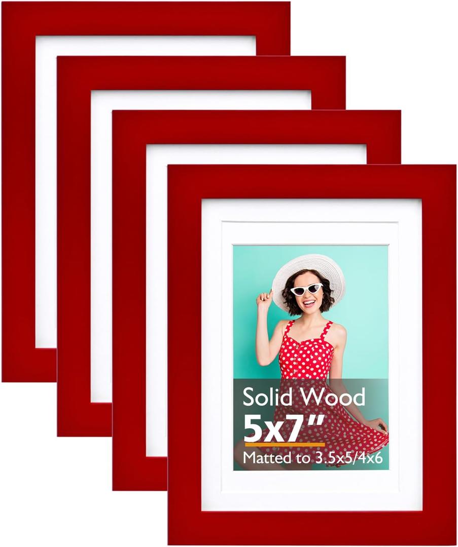 KINLINK 5x7 Picture Frame Red, Solid Wood Frames with Acrylic Plexiglass for 3.5x5/4x6 with Mat or 5x7 without Mat, Tabletop and Wall Display Photo Frame Set of 4