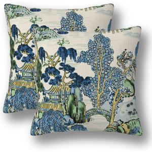 Chinoiserie Pillow Covers 20 x 20 Set of 2 Asian Scenic Linen Throw Pillow Cover Vintage Blue and Green Farmhouse Decorative Pillowcases for Living Room Couch Bed Sofa Outdoor