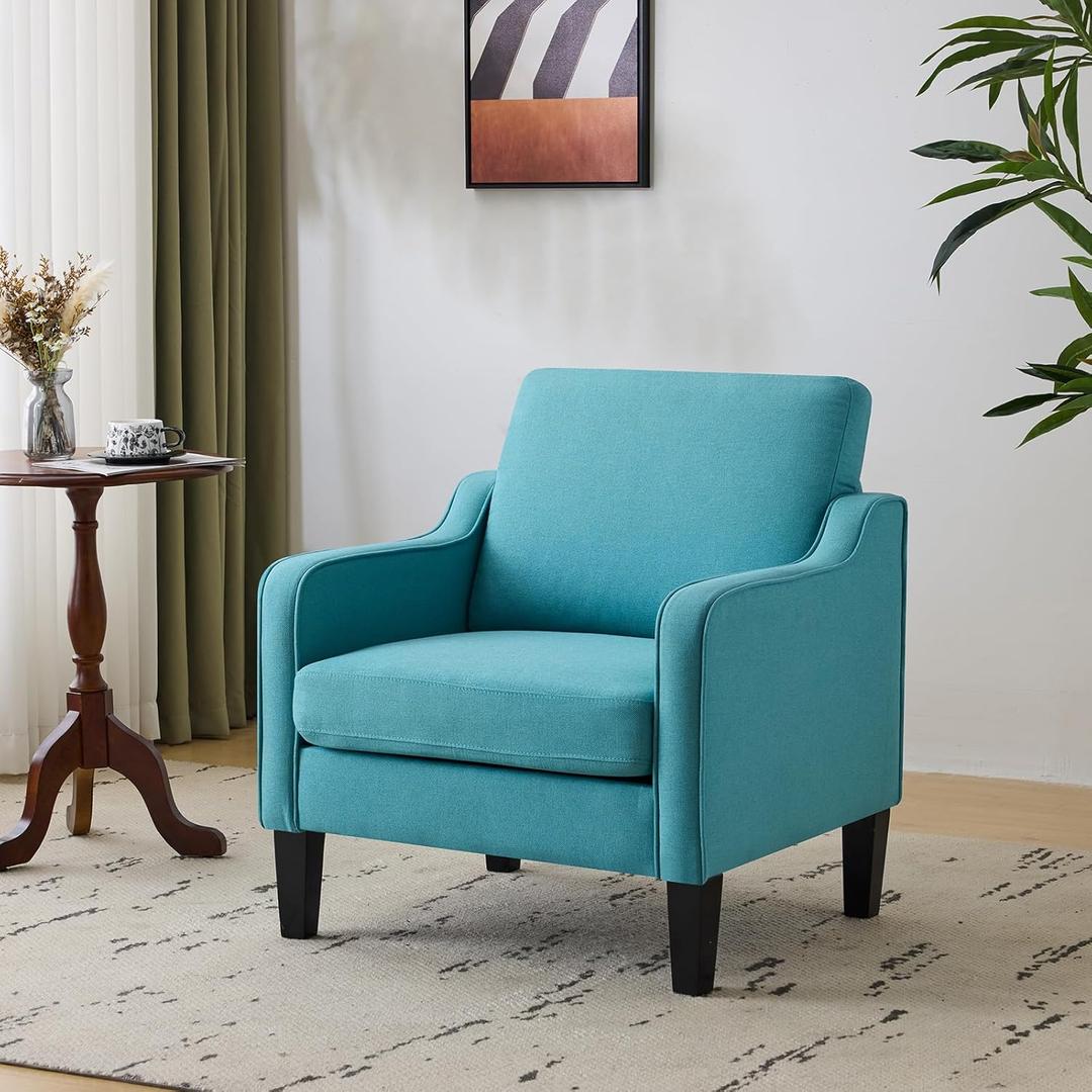 VINGLI Accent Chairs for Living Room Mid Century Modern Chair Sofa Chair Upholstered Arm Chair with Scooped Arms for Bedroom, Apartment, Office, Studio, Waiting Room, Play Room (Teal Blue Linen)