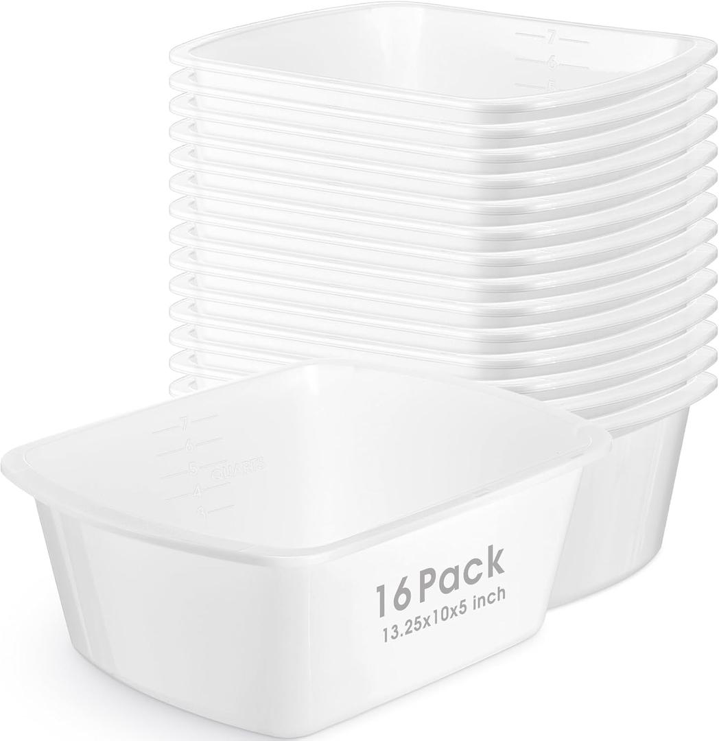 Honeydak 16 Pack Wash Basins Plastic Wash Tub 7 Quart Graduated Buckets Rectangular Plastic Hospital Bedside Soaking Tub Washing Basin for Cleaning Foot Bath Washing Dishes Face Cleansing (White)