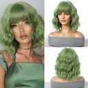 Green Wig: Short Curly Wavy Hair With Bangs, Avocado Green Bob Wig - Heat Resistant Synthetic Hair for Daily Use & Cosplay