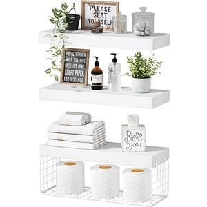 QEEIG Bathroom Shelves Over Toilet - Wall Mounted Floating Shelves Toilet Paper Storage Small Farmhouse Decor Shelf 16 inch Set of 3, White (019-W3)