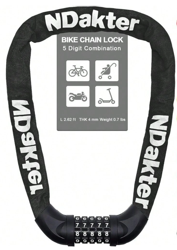 NDakter Bike Lock, 5 Digit Combination Heavy Duty Anti Theft Bicycle Chain Lock, 3.2 Ft Long, High Security Resettable, Suitable for Bike, Scooter, Door, Gate, Fence-4/6mm Thick