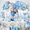 cocomigo 260PCS Baby Boy Baby Shower Decorations All-in-One Set with Baby Boy Balloon Arch, Tableware, Advice Cards, Cake Topper, Balloon Box, Backdrop, Sash, Corsage, Etc. Serves 20
