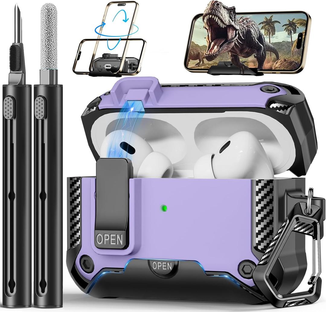 Compatible with AirPods Pro 2nd/1st Generation Case with Phone Stand,Full Drop Protection Automatic Snap Switch Design with Cleaner Kit for iPod Pro Charging (USB-C/Lightning Cable) (purple)