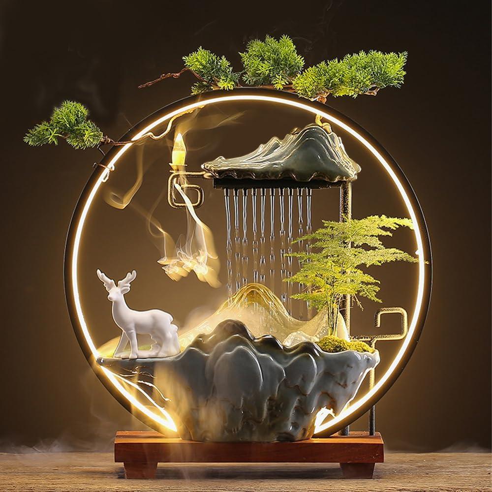Tabletop Water Fountains Indoor Waterfall Fountain with Mist LED Light Feng Shui Wealth Desk Fountain with Backflow Incense Holder Zen Decor for Meditation (Deer)