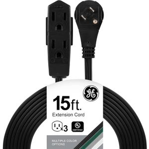 GE 3-Outlet Flat Extension Cord 15 Ft Grounded Extension Cord with Multiple Outlets 3 Prong Outlet Extender Flat Plug Indoor Power Strip 16 Gauge UL Listed Black, 56987