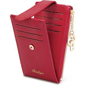 Badiya Slim Women Wallet RFID Blocking Bifold Compact 9 Card Slots Holder Wallets Soft Leather with Zipper Coin Pocket 2 ID Window (Oil Wax- Red & Key Chain)