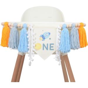 Outer Space High Chair Tassels BannerPlanets Astronaut Rocket 1st Birthday Decorations,Space First High Chair One Banner Party Decor,First Trip Around Sun