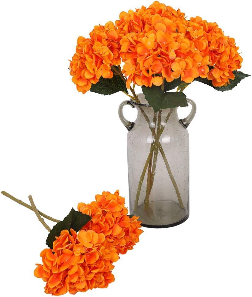 Kisflower Orange Hydrangea Artificial Flowers - 6pcs Faux Hydrangea Flowers, Fake Flowers for Table Centerpiece, Silk Hydrangea Flowers with Stems for Home Wedding Party Decor