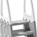 Two Step Stool with Handrails for Toddler and Kids, Standing Learning Stool Tower for Bathroom Sink, Potty Training, Children Step Up Learning Helper with Handles and Safety Non-Slip Pads(Gray)