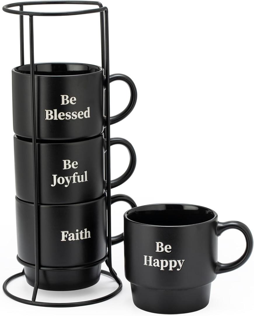 Signature Housewares Be Happy - Juego de 4 tazas de caf apilables de cermica con estante de metal, tazas de caf de 15 onzas para caf, t, chocolate caliente, leche, juego de 4, negro mate
