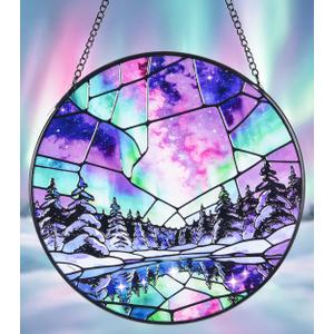 Stained Glass Window Hanging Suncatchers with Aurora Borealis 12.6", Winter Landscape Glass Panel with Metal Chain for Home Decor Gift for Women Mother's Day, Birthday, Men, and Mom