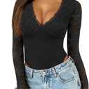 Saslax Women's Lace Bodysuit Sexy Deep V Neck Long Sleeve Body Suits Thong Slim Fit Double Lined Y2K Going Out Tops S