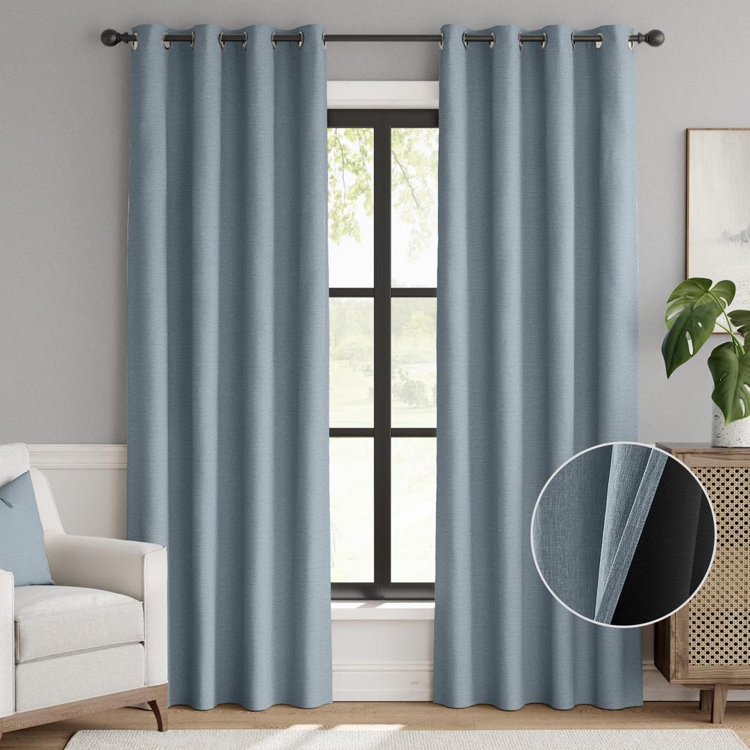 jinchan 85% Blackout Curtain 90 Inch Length, Faux Linen Curtain for Living Room, Thermal Insulated Room Darkening Grommet Top Window Drape, 1 Panel Curtain for Bedroom Denim Blue