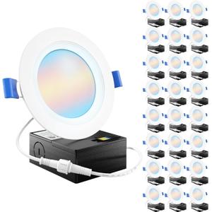 Sunco 24 Pack 4 Inch LED Recessed Light, Ceiling Canless Recessed Lights, Baffle Trim, 850 LM, 10W, Selectable CCT 2700K/3000K/4000K/5000K/6000K, Dimmable, Wafer Thin with Junction Box