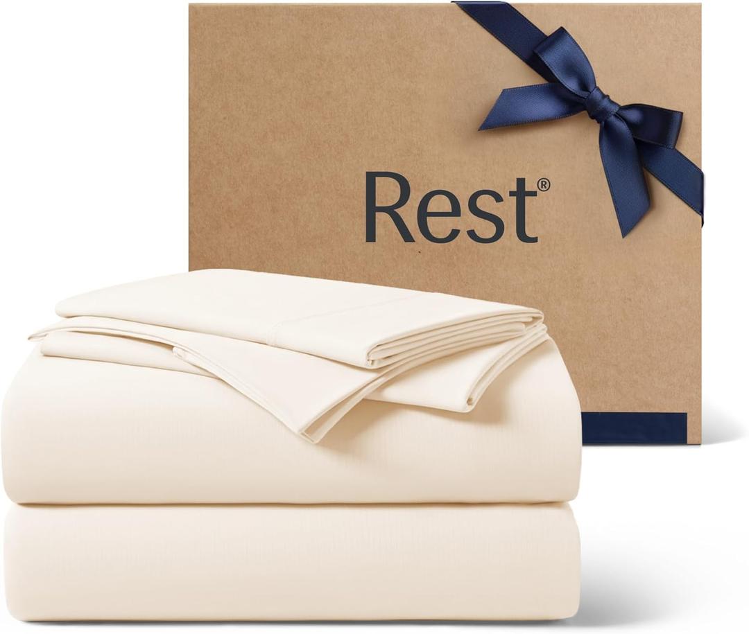 REST Evercool+ Cooling Sheet Set, King Size, Snow Ivory, Breathable Bed Sheets for Hot Sleeper and Night Sweats, with Pillowcases, with Ionic+ Self-Cleaning Silver Yarn for Sensitive Skin, 4PCS