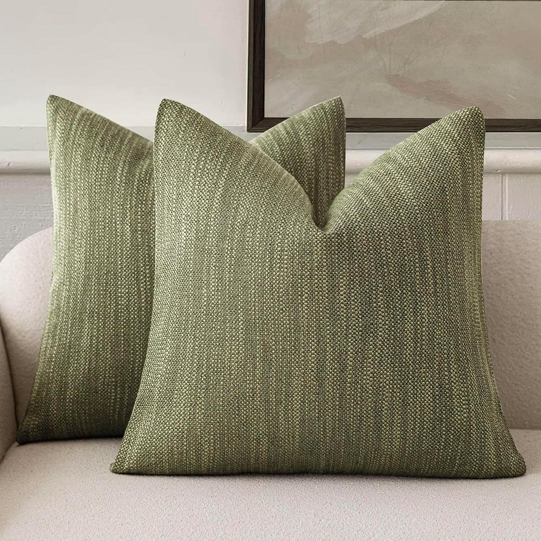 Foindtower Set of 2 Decorative Textured Burlap Linen Throw Pillow Covers Farmhouse Boho Cushion Cover Solid Accent Pillowcase for Couch Sofa Bed Living Room Home Decor,20×20 Inch,Olive Green