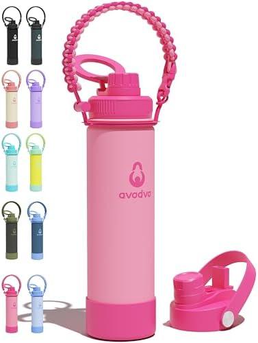 avodvo Insulated Water Bottle with Strap, 20 oz Water Bottle with Magnetic Lid & 2-in-1 Straw and Spout Lid, Stainless Steel Water Bottles with Straw for Gym, Hiking, Travel, BPA-Free, Pink