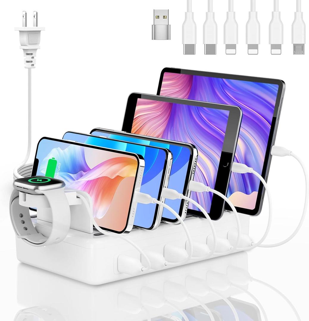 Charging Station for Multiple Devices, 6 Port 50W Fast Multi Charger Station Charging Dock with 6 Mixed Charging Cables for iPhone, iPad, Kindle, Tablet, Cellphone and Others (White)