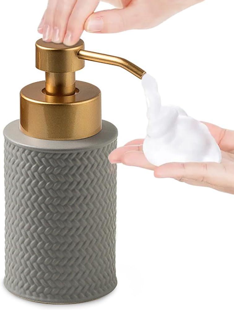 Foam Soap Dispenser with Refined and Vintage Emboss, Ceramic Hand Soap Dispenser for Bathroom (Gray)