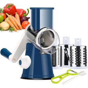 Ourokhome Rotary Cheese Grater Hand Crank, Kitchen Shredder Speed Mandolin Slicer Nut Grinder with Handle and Drum Blades for Cheese, Vegetable, Walnut, Chocolate, Potato, Carrot, 3 Blades, Dark Blue