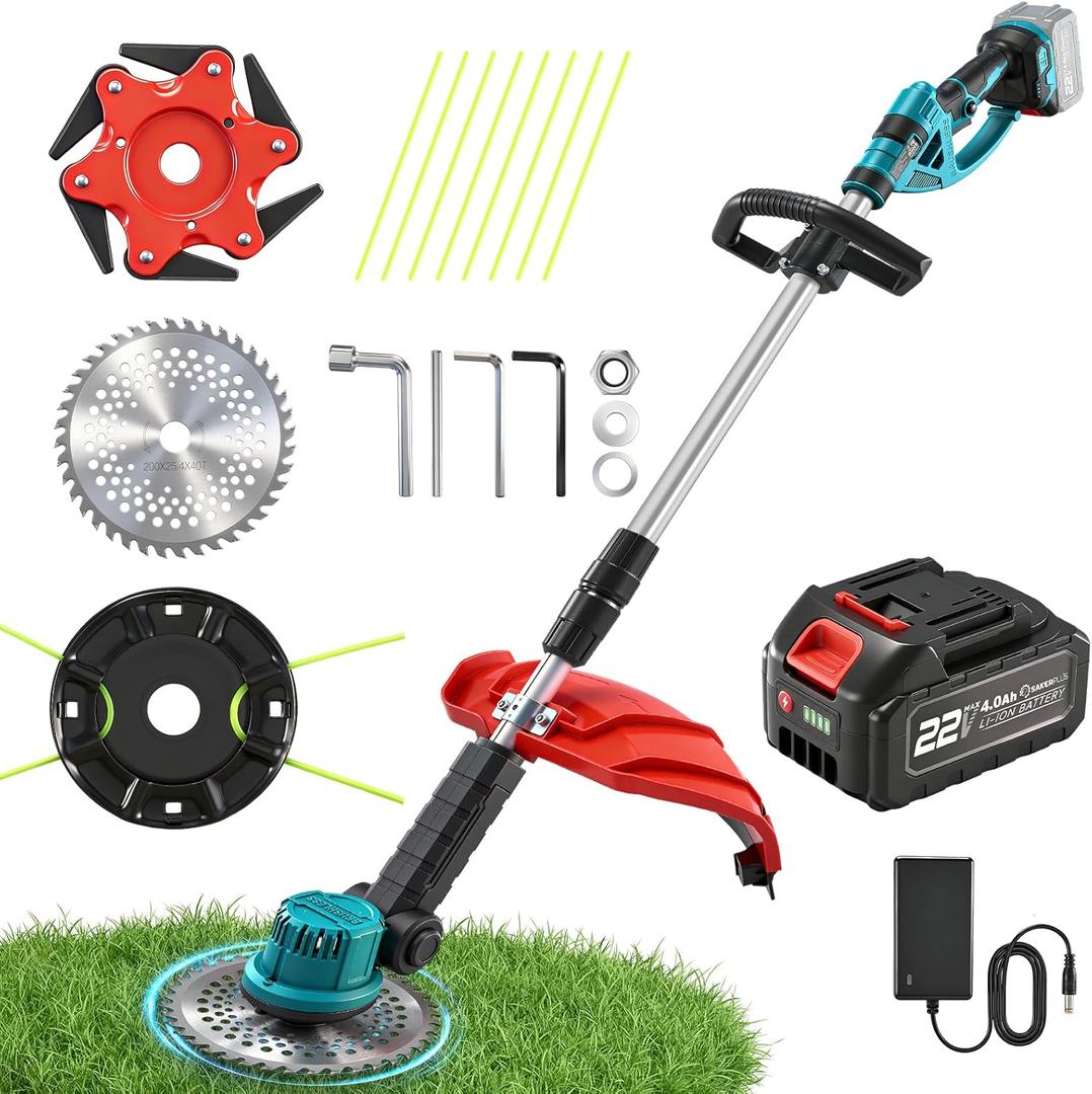 SakerPlus Wireless Weed Cutter, 3-in-1 Brush Cutter/Lawn Mower/Edger with Dual 22V 4000mAh Batteries, Brushless Weed Wacker Adjustable Pole Weed Eater Grass Trimmer for Yard, Thick Weeds & Shrubs