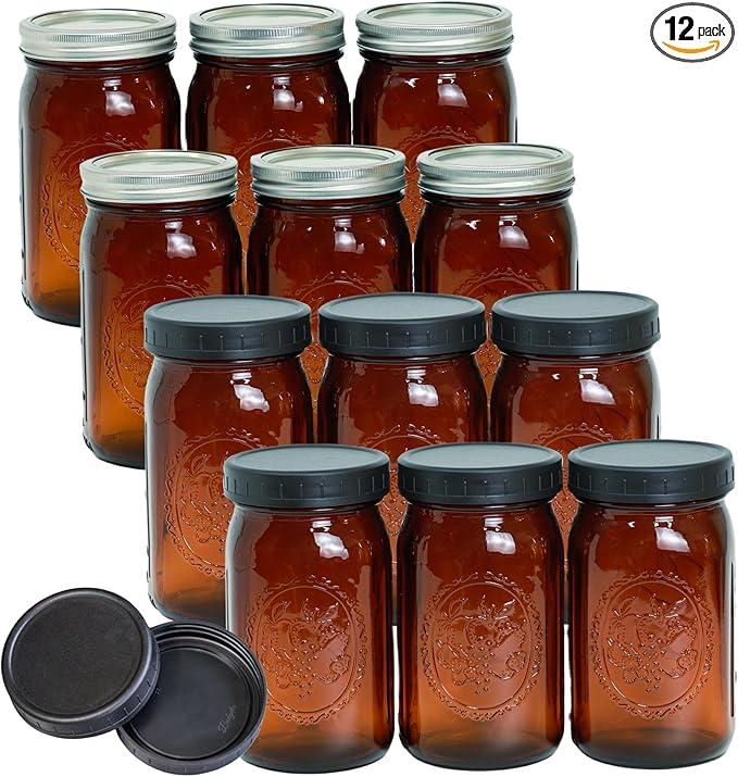 Jumterlee 12 Pack 32 oz Amber Mason Jars, Wide Mouth Mason Jars with Lids and Bands and 12 Black Plastic Mason Jar Lids, Canning Jars Used for Canning, Pickling, Juice, Jam, Jelly