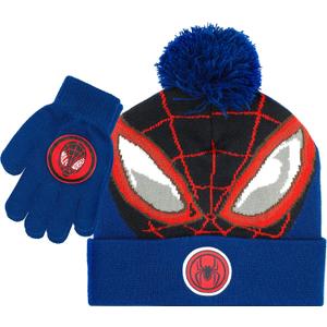 Marvel Spider-Man Kids Winter Hat and Snow Gloves for Boys and Toddlers, 2 Pc. Set, Pom-Pom Beanie with Warm Mittens (Black/Red/Blue)