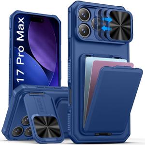 SSLOTSCASE for iPhone 17 Pro Max Case with Stand & Credit Card Holder & Sliding Camera Cover & Camera Stand & Wallet, Rugged Silicone Edge Protective Case Cover for iPhone 17 Pro Max 6.9'' 2025, Blue