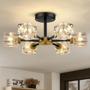 Black Modern Chandelier, 6-Light Crystal Semi Flush Mount Ceiling Light Fixture, 17.3" Farmhouse Kitchen Pendant Light with Cube Shade, Industrial Sputnik Chandeliers for Dining Room, Bedroom
