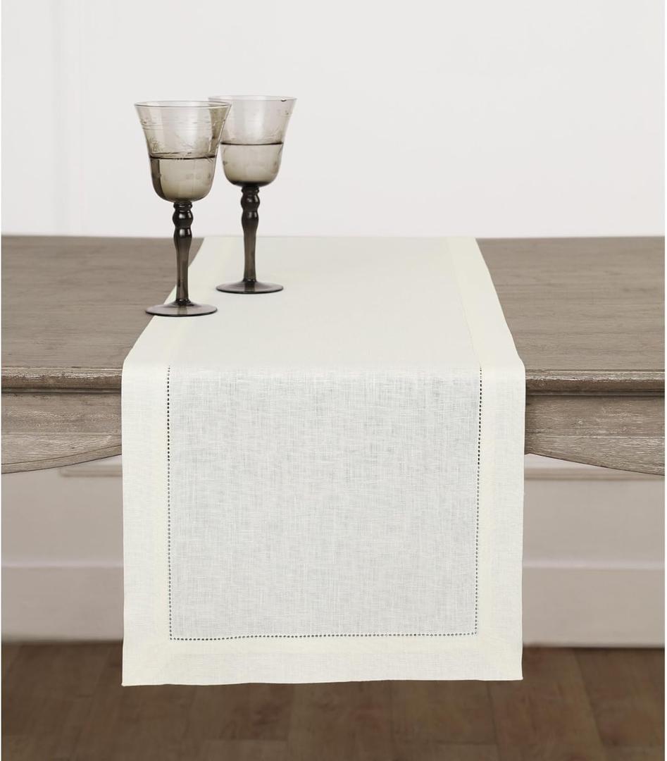 Solino Home Ivory Table Runner 90 Inches Long - 100% Pure Linen Hemstitch 14 x 90 Inch Table Runner for Dining and Spring, Mothers Day, Summer - Classic Hemstitch