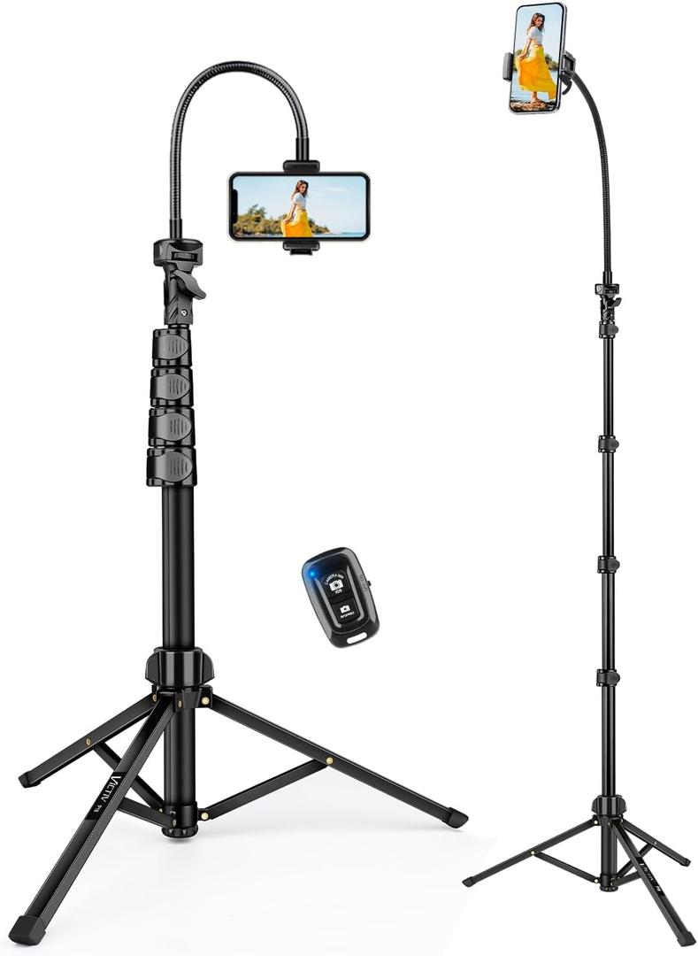 Phone Tripod Stand with Gooseneck and Remote, 85" Tall Tripod for iPhone Adjustable, Overhead Phone Stand for Recording/Watching/Cooking/Fitness/Vlog, Compatible with iPhone Android, Digital Camera (Black)