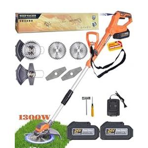 Electric Weed Wacker Cordless Eater 24V Battery Powered Brushless Brush Cutter with 2X4.0Ah Batteries Fast Charger Lightweight Grass Trimmer 2 Types Blades for Lawn Yard Garden (Orange)