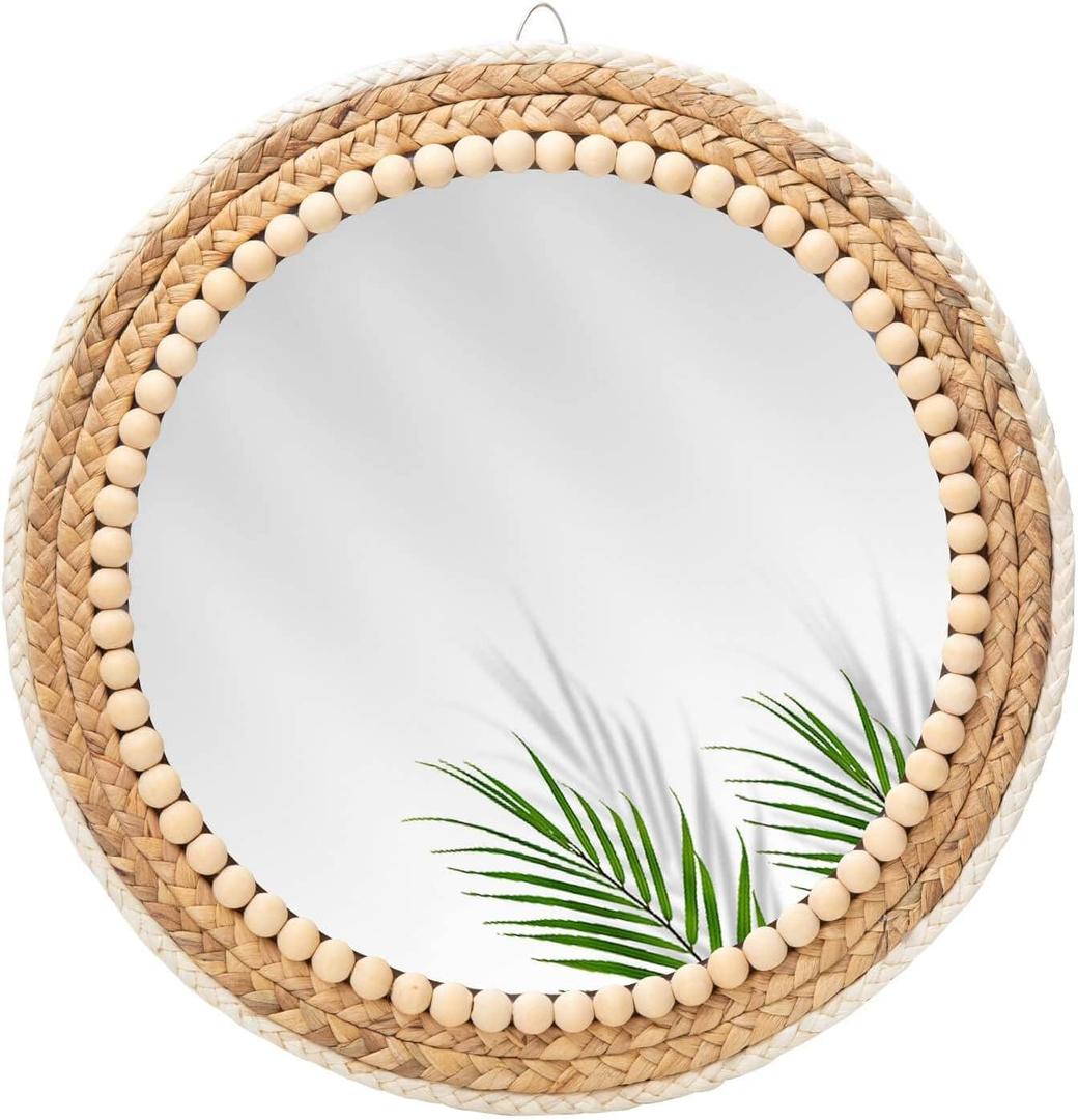 15 Inch Boho Round Hanging Wall Mirror Decorative Rattan Circle Wall Mounted Mirror for Farmhouse, Living Room, Bedroom, Bathroom, Boho Nursery Decor for Girl
