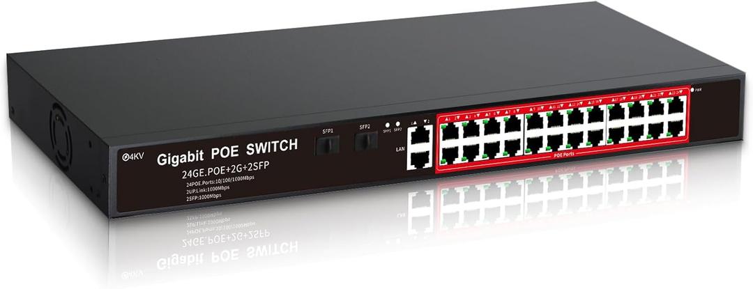 STEAMEMO 24-Port Managed Gigabit PoE+ Switch | 24PoE+ Ports@360W, 2Gigabit Uplinks, 2SFP | VLAN, QoS, Port Mirroring | Metal Casing, Plug & Play | Overload Protection w/ Port