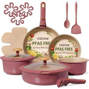 CAROTE 18Pcs Pots and Pans Set, Nonstick Cookware Set Detachable Handle, kitchen Pan Set, Induction kitchen cookware Non Stick, RV Cookware Set, Oven Safe, Red