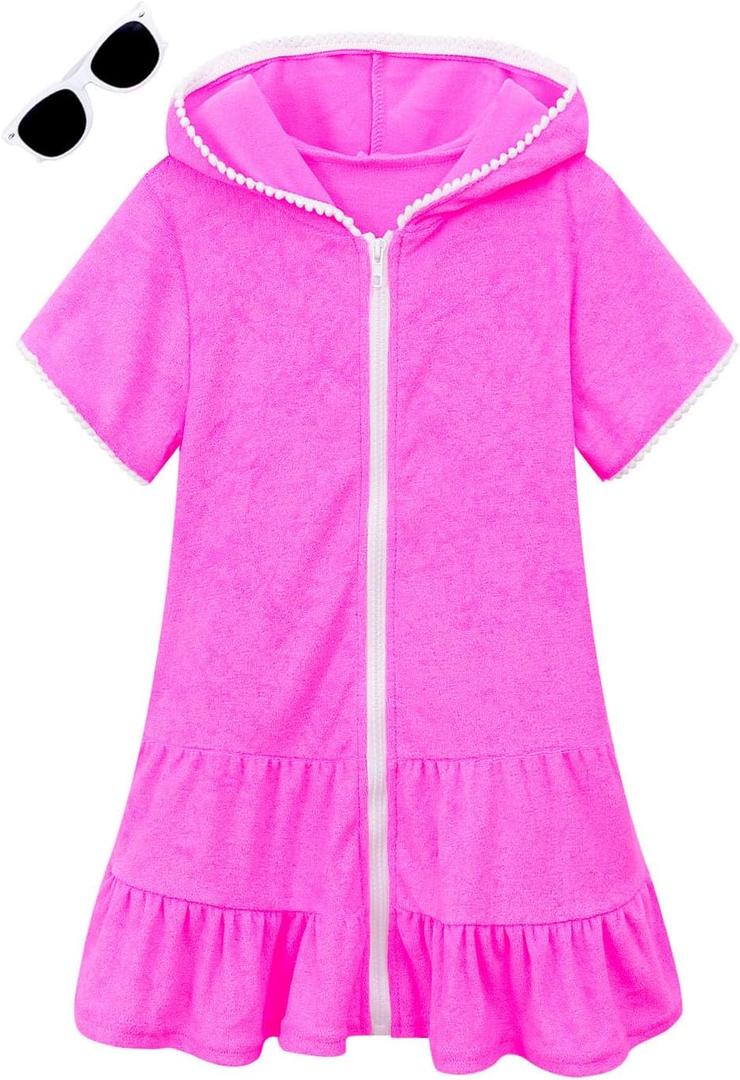LUCKYGAL Girls Swim Cover Up Kids Swimsuit Coverup Terry Zip-Up Beach Bathing Suit Wraps with Sunglasses (4-5T, Rose Red)