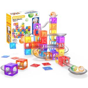 MIEBELY Magnetic Tiles, 112 PCS Magnetic Maze Building Blocks Toy for Kids with Glowing Ball, Magnet Marble Run Set, STEM Education Toddler Toy Building Block Gifts for Boys and Girls 3 4 5 6 7 8 9