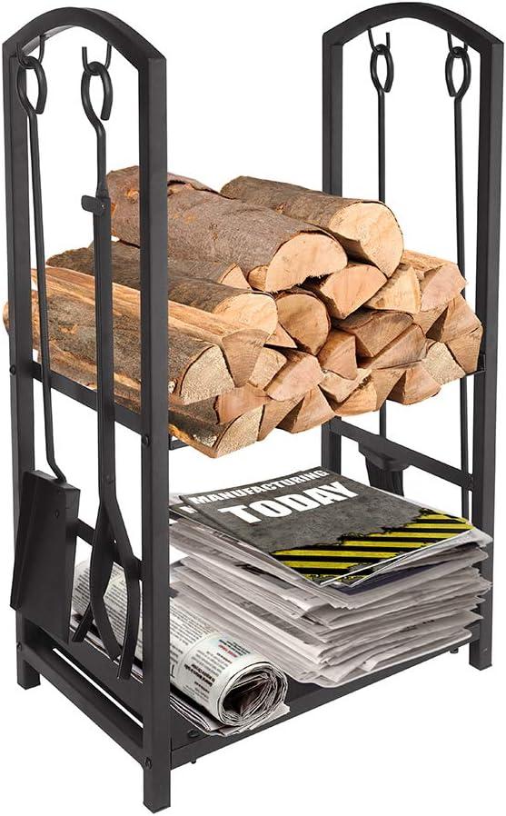 ATR ART TO REAL Firewood Log Rack Fireplace Tool Sets Black Wrought Iron Firewood Storage Holder Fireplace Wood Carrier Fireside Lumber Stacking Log Bin Brush Shovel Poker Tongs 17.8 x 11.8 x 29.3in